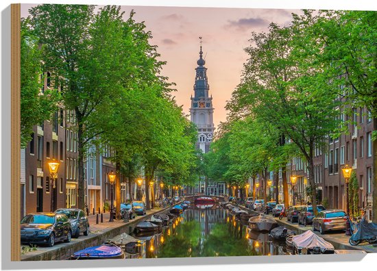 Hout - Gracht in De Straten van Amsterdam - 75x50 cm - 9 mm dik - Foto op Hout (Met Ophangsysteem)