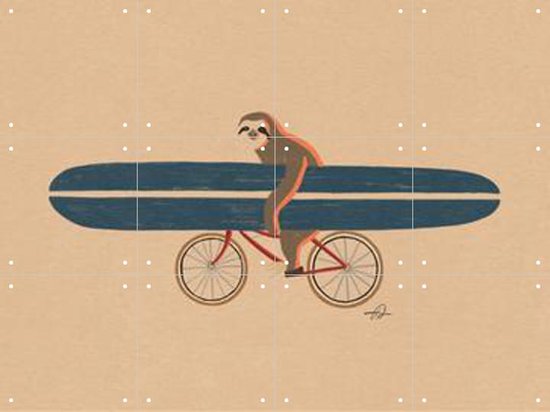 IXXI Sloth on Bike with Surfboard - Wanddecoratie - Vintage - 80 x 60 cm