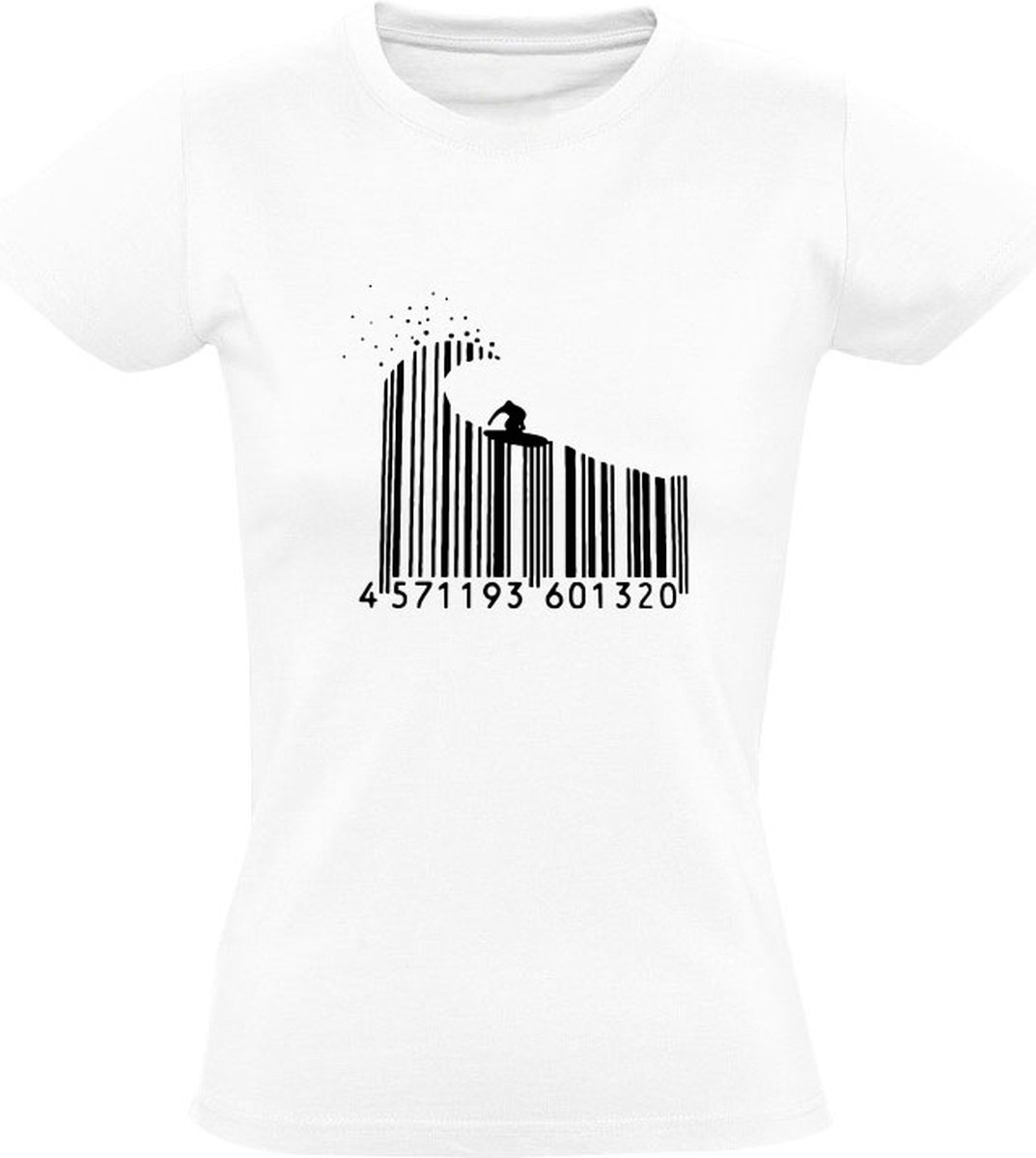 Surf code Dames T-shirt | barcode | streepjescode | surfen | sport | code | Wit