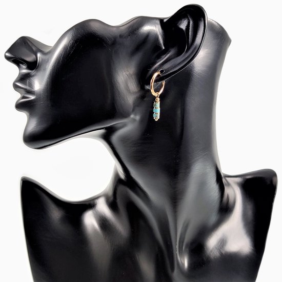 Boucles d'oreilles ∅16mm avec Pierres Turquoise - Acier Plaqué Or - Boucles d'oreilles Femme avec Pendentifs Coeur et Tube