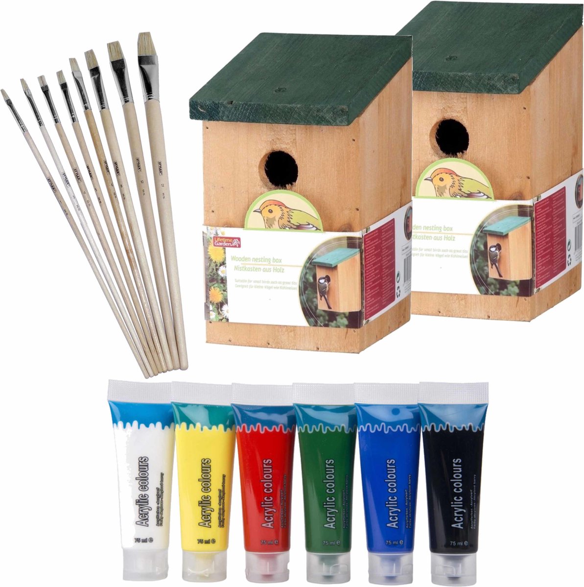 2x stuks vogelhuisjes/nestkastjes 22 cm - Zelf schilderen pakket - verf/kwasten - Kinder feestje/verjaardag activiteiten