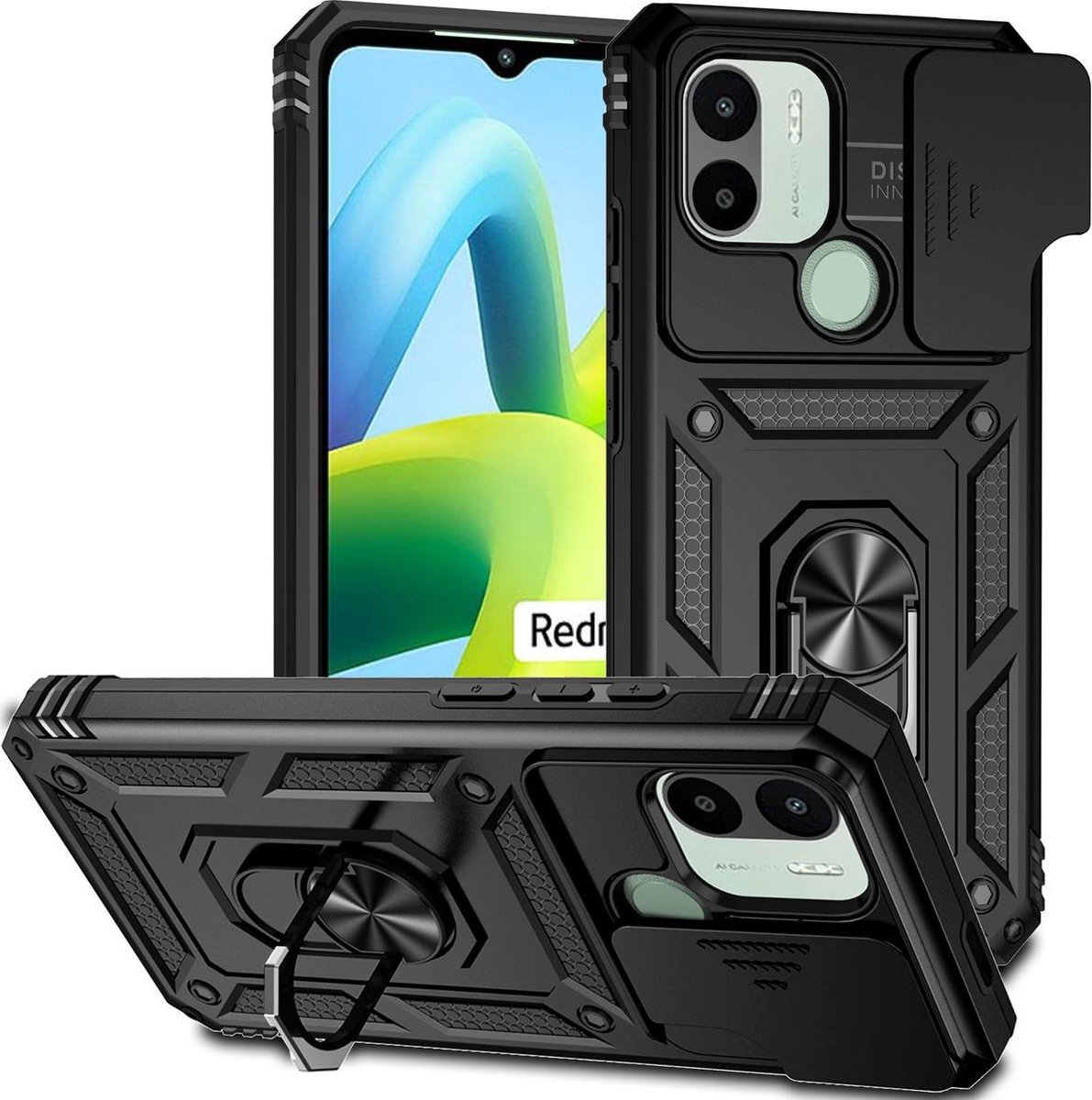 Mobigear Hoesje geschikt voor Xiaomi Redmi A1 4G Telefoonhoesje Hardcase | Mobigear Armor Ring Cam Slide Backcover Shockproof met Ringhouder en Camera Slider | Schokbestendig Redmi A1 4G Telefoonhoesje | Anti Shock Proof - Zwart
