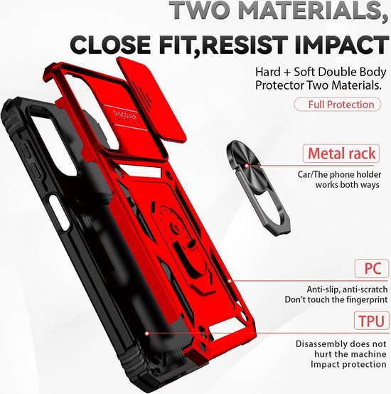 Coque Samsung Galaxy A14 Rouge avec Ring Holder et protection appareil photo - Protecteur d'écran Galaxy A14 - 2 pièces