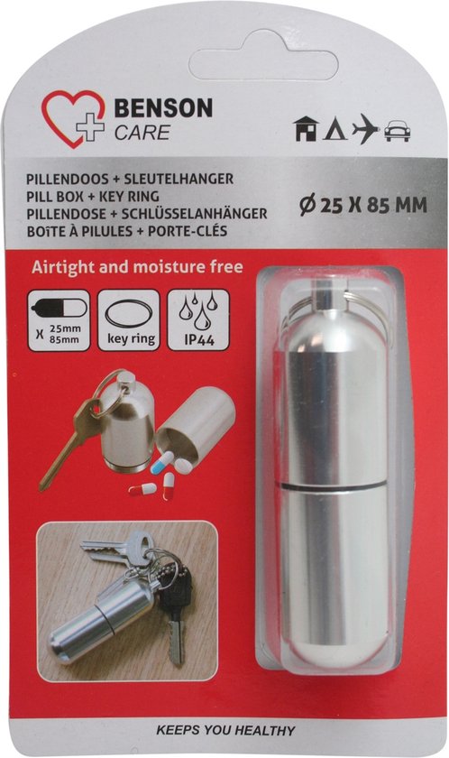 Pillendooshanger - Sleutelhanger - Reispillendoos - Waterbestendig (IP44) - 25x85mm - Zilver