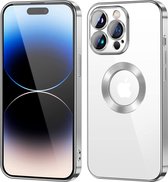 Hoesje Geschikt voor iPhone 14 Pro – Met Magnetisch Ring Magesafe compatibel backcover – Lens beschermer – Transparant / Zilver