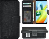 Xiaomi Redmi A1 Hoesje - Bookcase - Redmi A2 Hoesje Book Case Wallet Echt Leer Croco Zwart Cover