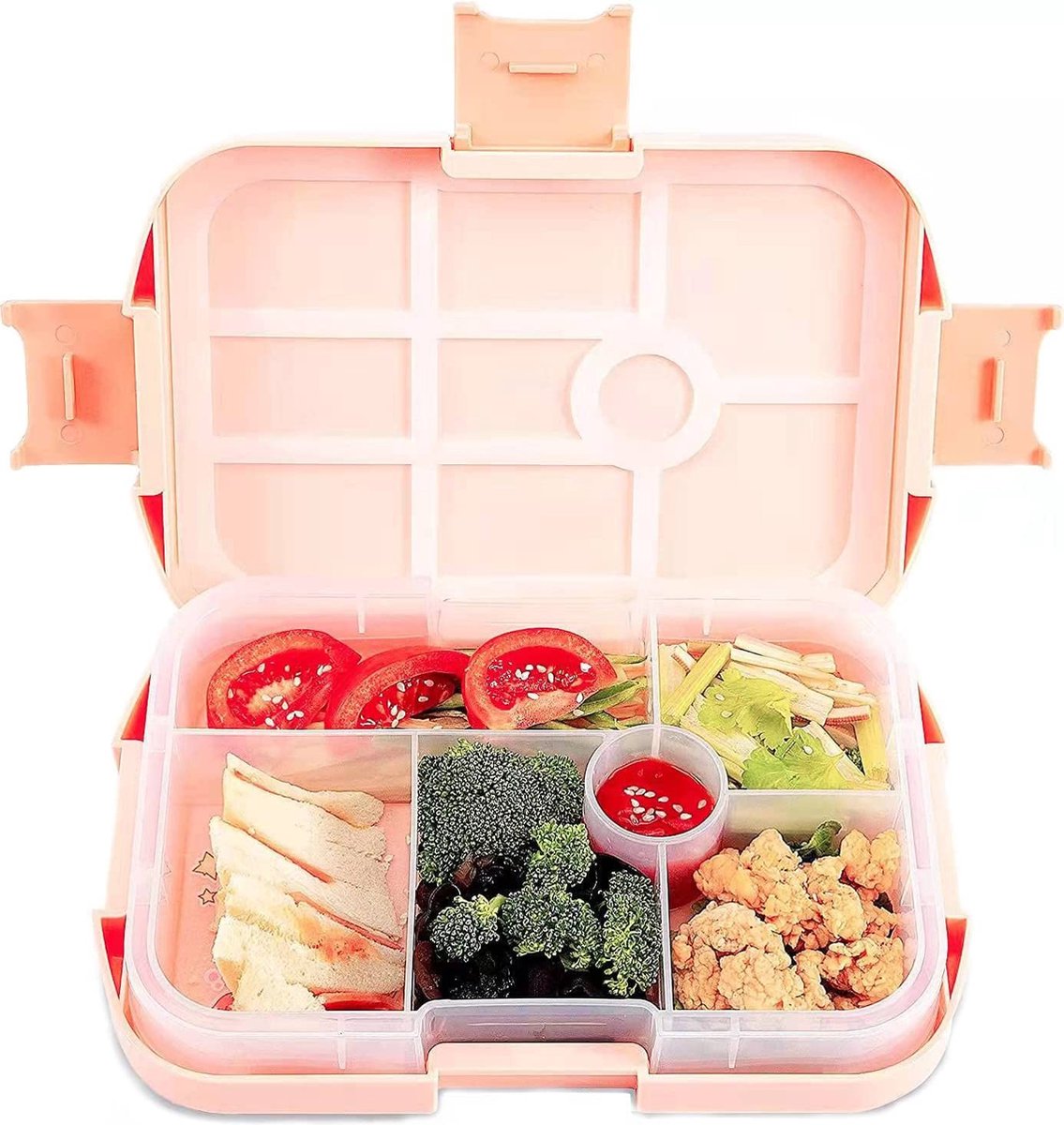 Bentobox voor kinderen met vakken, roze, lunchbox voor kinderen, lunchbox met onderverdeling met 6 vakken, snackbox, kleuterschool, school