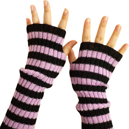 Gebreide vingerloze handschoenen zwart/paars gestreept - Gothic lange Polswarmers dames