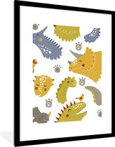 Poster in fotolijst kids - Dinosaurus - Patronen - Jongens - Dino - Kinderen - Wanddecoratie jongens - Decoratie voor kinderkamers - 60x80 cm - Poster kinderkamer