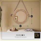 LW Collection wandspiegel met touw bruin rond 50x50 cm hout en goud metaal - grote spiegel muur - muurspiegel - industrieel - woonkamer gang - badkamerspiegel