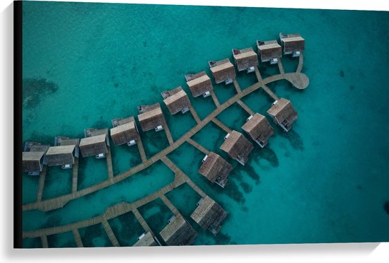 WallClassics - Canvas - Huisjes boven het Water - Malediven - 90x60 cm Foto op Canvas Schilderij (Wanddecoratie op Canvas)