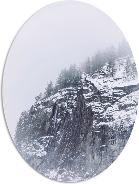 WallClassics - PVC Schuimplaat Ovaal - Besneeuwde Bergen in de Mist - 81x108 cm Foto op Ovaal (Met Ophangsysteem)