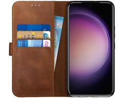 Rosso Deluxe Echt Leer Book Case Hoesje Geschikt voor Samsung Galaxy S23 Plus | Ruimte voor drie pasjes | Portemonnee Book Case | Met Pasjeshouder | Bruin