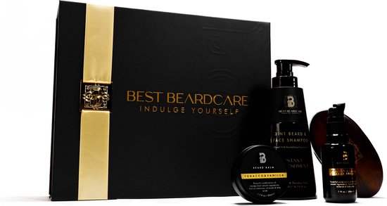 Best-Beardcare | Baard Geschenkset Grooming Kit met Instant Refreshment Baardshampoo, Tobacco & Vanilla Baardolie, Baardbalsem en Baardborstel gemaakt van natuurlijke zwijnenharen & kersenhout in luxe geschenk box