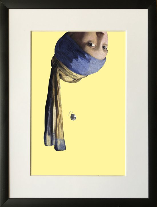 Ingelijst Vermeer Meisje met de Parel ondersteboven - passe-partout - buitenmaat 16x21cm - geel