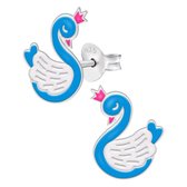 Oorbellen meisje | Zilveren kinderoorbellen | Zilveren oorstekers, blauwe zwaan met roze kroontje