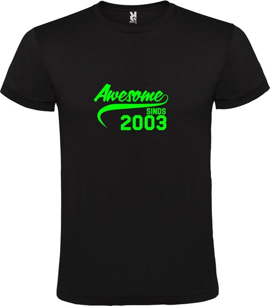 Zwart T-Shirt met “Awesome sinds 2003 “ Afbeelding Neon Groen Size XS