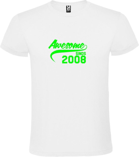 Wit T-Shirt met “Awesome sinds 2008 “ Afbeelding Neon Groen Size XS