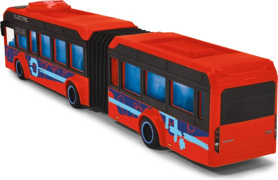 Achterkant van een rode gelede stadsbus met zwarte raamstijlen en blauwe decoraties.
