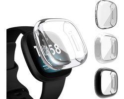 3 Stuks - Smart Watch Hoesjes - Geschikt Voor Fitbit Sense / Fitbit Versa 3 - Full Cover Tpu Beschermhoes - Fitness Tracker Bumper - Smartwatch Schermbeschermer - Fitness Tracker Hoesje - Lichtgewicht - Zwart / Zilver / Transparant