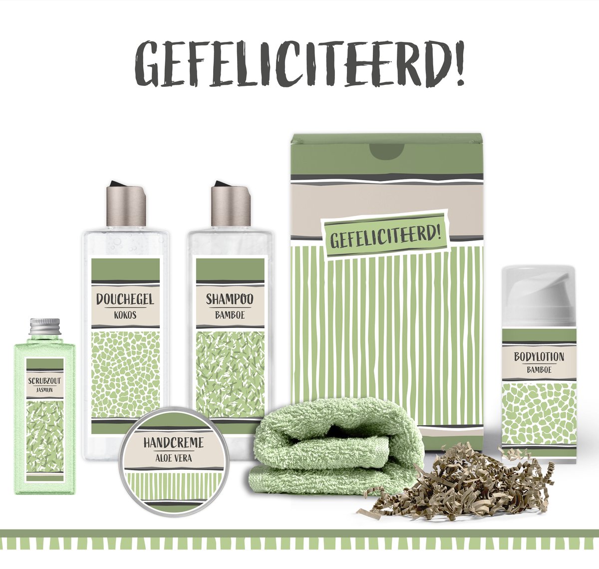 Goedkoopste Geschenkset Gefeliciteerd - 6 producten - 800 gram | Giftset voor haar - Luxe wellness cadeaubox - Cadeau vrouw - Set Gefeliciteerd - Geschenk jarige - Cadeaupakket moeder - Oma - Vriendin - Zus - Verjaardagscadeau - Verjaardag - Geslaagd - Groen