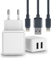 Duo USB Adapter + 2x Nylon 8-PIN naar USB Oplader Kabel - 2 Meter Lange - Geschikt voor iPhone, iPad met Lightning Poort - Dubbele USB Output - 12W Snellader - Extra Stevig
