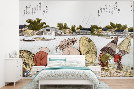 Behang - Fotobehang Japanse illustratie Makura bridge van Katsushika Hokusai - Breedte 420 cm x hoogte 280 cm