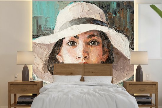 Foto: Behang fotobehang schilderij olieverf vrouw koffie hoed breedte 300 cm x hoogte 300 cm