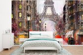 Behang - Fotobehang Schilderij - Parijs - Eiffeltoren - Paraplu - Olieverf - Breedte 350 cm x hoogte 260 cm