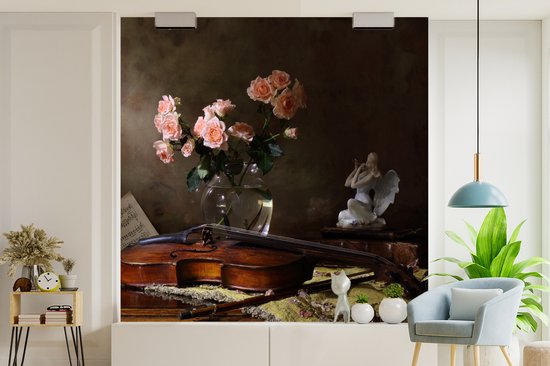 Papier peint - Papier peint photo - Violon - Nature morte - Fleurs - Largeur 240 cm x Hauteur 240 cm
