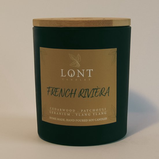 LONT candles - sojawas geurkaars - French Rivièra - cedarwood, patchouli / geranium, ylang ylang - vrij van chemicaliën en ftalaten - handgemaakt - zwart - 520 gram