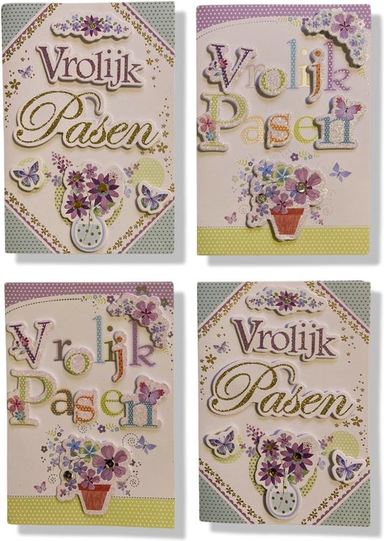 4 Cartes de Pâques de Luxe Cartes de vœux Joyeuses Pasen - 12x17cm - Fleurs 3D