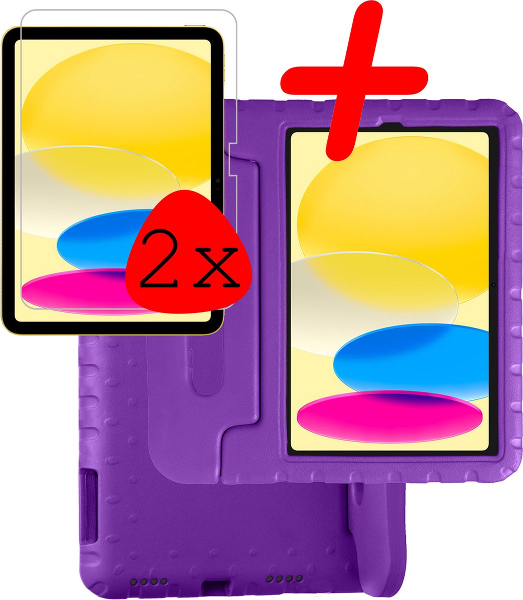 Hoesje Geschikt voor Apple iPad 10 (2022) - 10.9 inch - 10e Generatie - Met 2x Screenprotector - Kinderhoes Shockproof Bumper - Kidsproof Case - Tablet Hoes - Kinder Hoes Cover - Paars