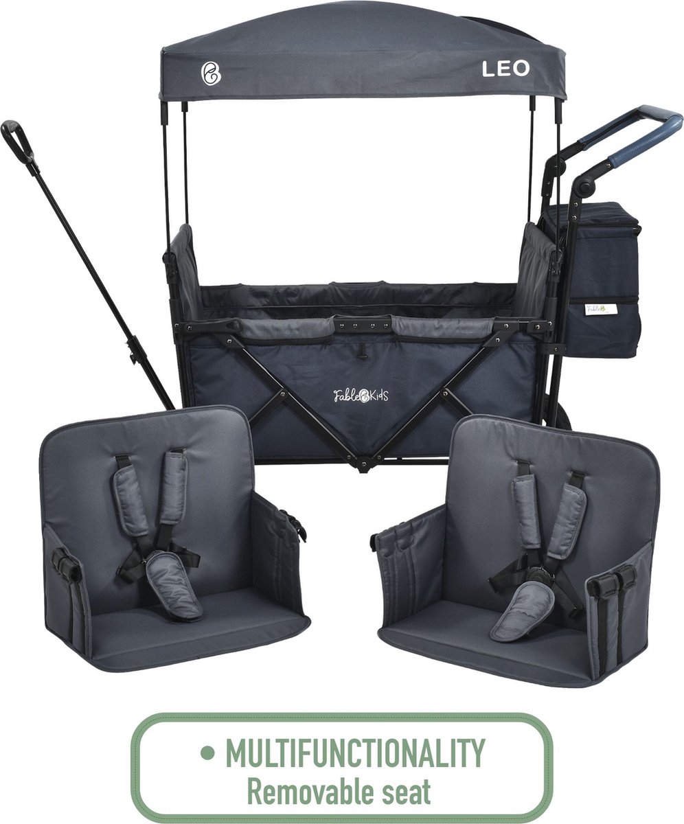 FableKids Chariot Leo X2 Plus avec toit | Chariot de transport pliable|jusqu'à 20 kg par siège|Roues tout-terrain 360°| Gris - Jardin