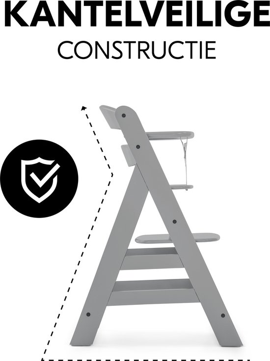 Kantelveilige constructie van een grijze kinderstoel, met een beschermingssymbool.