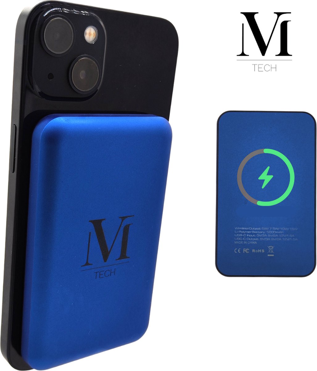 V&M Tech - MagSafe Powerbank 5000 mAh - Magnetisch & Draadloos - 15W snellader - Geschikt voor iPhone 12/13/14 - Blauw