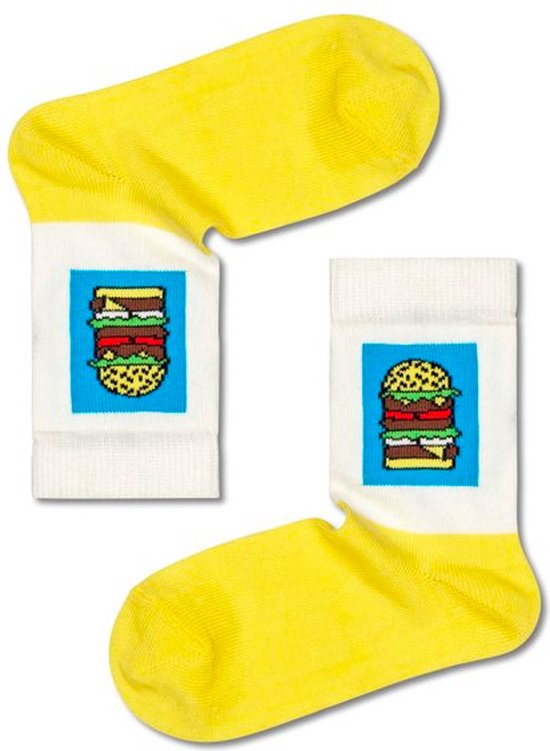 Gele sokken met witte band en hamburgerprint.