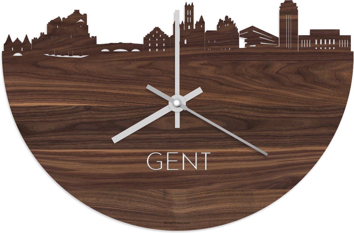 Skyline Klok Gent Notenhout - Ø 40 cm - Stil uurwerk - Wanddecoratie - Meer steden beschikbaar - Woonkamer idee - Woondecoratie - City Art - Steden kunst - Cadeau voor hem - Cadeau voor haar - Jubileum - Trouwerij - Housewarming - WoodWideCities