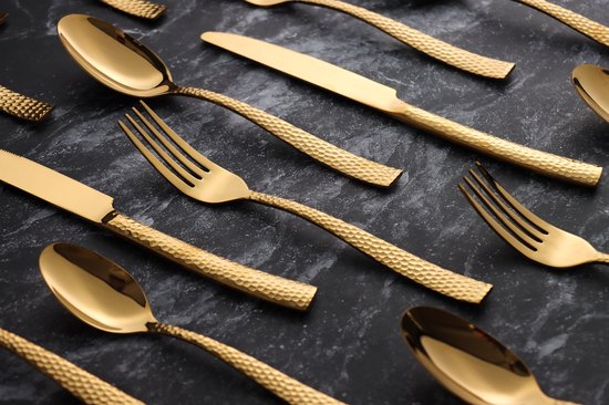 Ménagère - Couverts Or Martelé -24 Pièces-Qualité Suisse- Set Complet -100% Acier Inoxydable- Or Martelé 24k- Or 24K