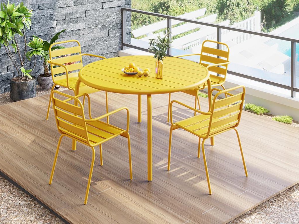 MYLIA Tuineetset MIRMANDE: tafel D.110 cm met 4 opstapelbare fauteuils - Metaal - Geel L 110 cm x H 79 cm x D 110 cm