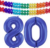 Folat folie ballonnen - Leeftijd cijfer 80 - blauw - 86 cm - en 2x slingers