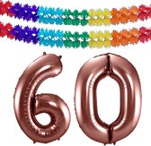 Folat folie ballonnen - Leeftijd cijfer 60 - brons - 86 cm - en 2x slingers