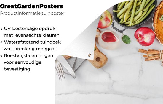 Tuinposter 120x90 cm - Tuindecoratie Groente - Fruit - Vlees - Kruiden - Poster voor in de tuin - Buiten decoratie - Schutting tuinschilderij - Tuindoek muurdecoratie - Wanddecoratie balkondoek