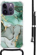 Hoesje met koord geschikt voor iPhone 14 Pro - Marble Design - Inclusief zwart koord - Crossbody beschermhoes - Transparant, Groen - ELLECHIQ