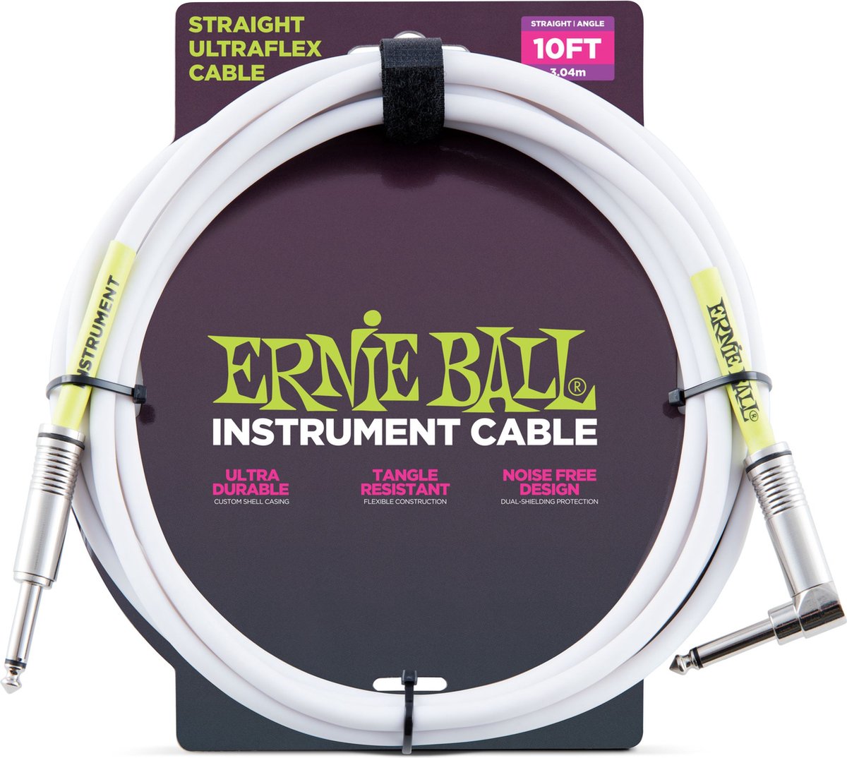 Ernie Ball 6049 geweven gitaar kabel 3 meter wit 1x haaks, 1x recht jack 6,35 mm