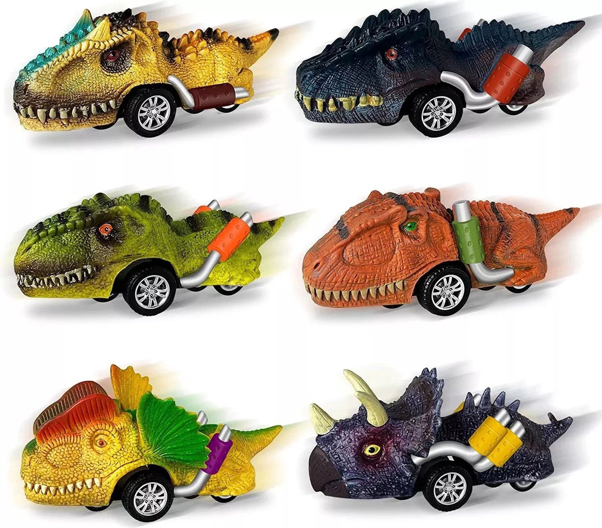 Jexxed Dinosaurus speelgoed auto's - Set van 6 stuks verschillende dinosaurussen - Zelfrijdend - Jurassic speelfiguren - auto speelgoed - 2 3 4 jaar -