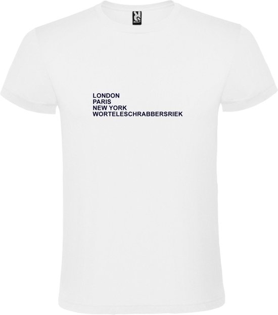 wit T-Shirt met London,Paris, New York ,Worteleschrabbersriek tekst Zwart Size L