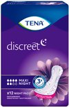 Verpakking TENA Discreet Maxi Night, 12 stuks, met paarse bloemen en inlegkruisje.
