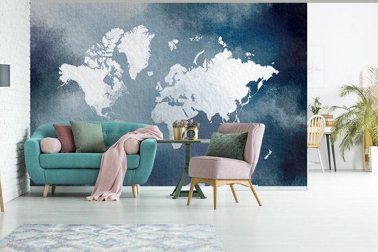 Carte du monde de couleur claire sur fond d'aquarelle bleue 450x300 cm