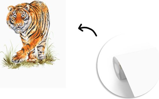 Behang - Fotobehang Tijger - Poten - Gras - Breedte 160 cm x hoogte 240 cm